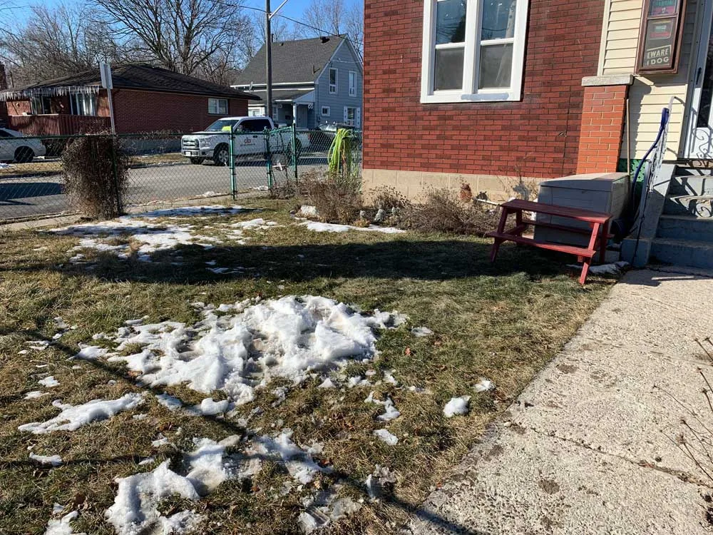 Same front lawn with the junk pile cleared