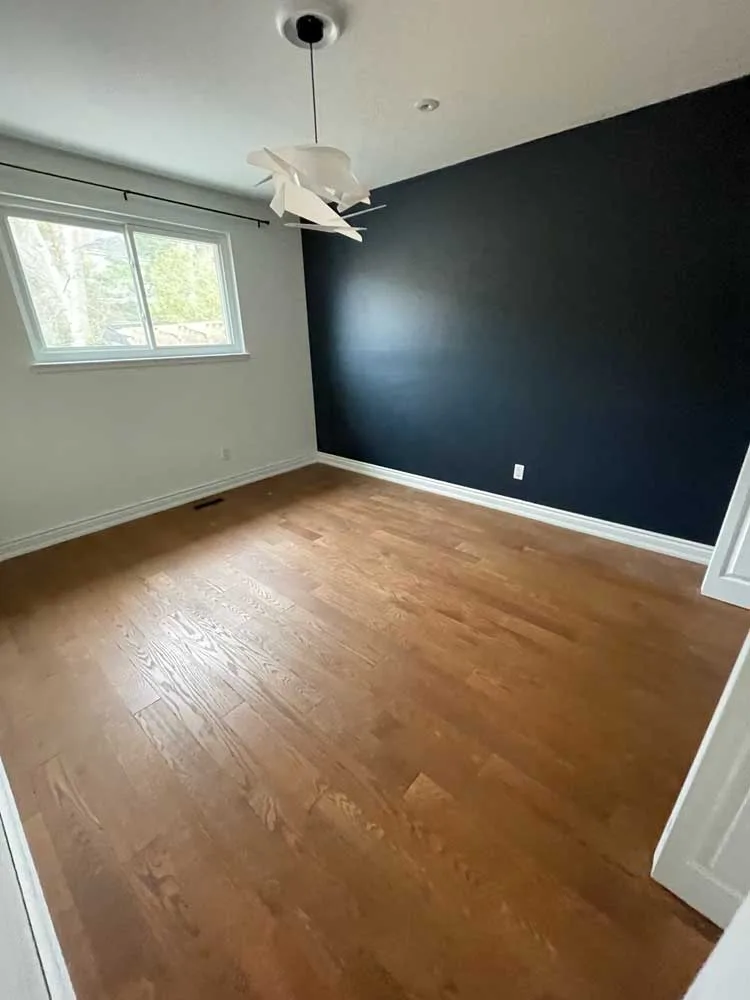 Room with a dark accent wall and a hardwood floor before removal