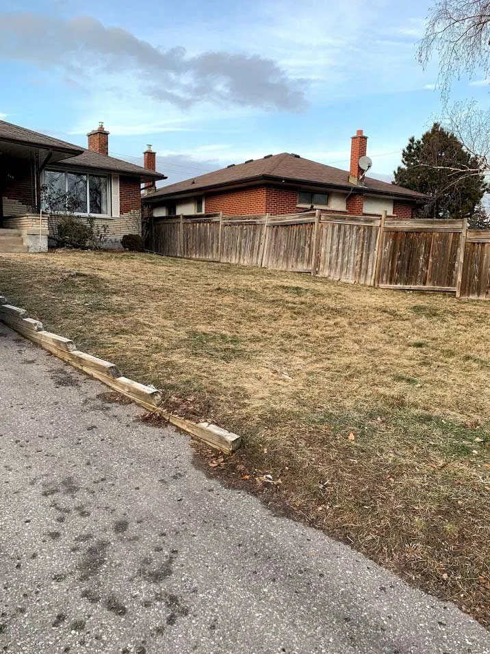 Same lawn beside the house with the junk pile removed
